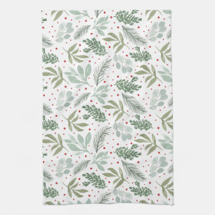 Winter Watercolor Rustic Holiday Garland Pine Red Tea Towel