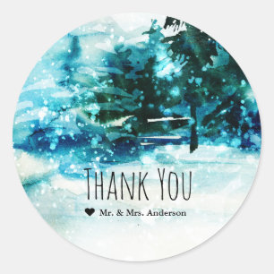 Winter Watercolor Snowy Forest Pine Trees Wedding Classic Round Sticker