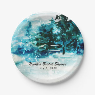 Winter Watercolor Snowy Forest Pine Trees Wedding Paper Plate