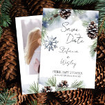 Winter watercolor snowy pines photo save the date<br><div class="desc">Winter watercolor snowy pines photo save the date editable template instant digital download. Snowy pines with pine cones snowflake muted Scandinavian winter colours,  if you don't need QR - just delete those fields</div>