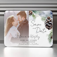 Winter watercolor snowy pines photo save the date