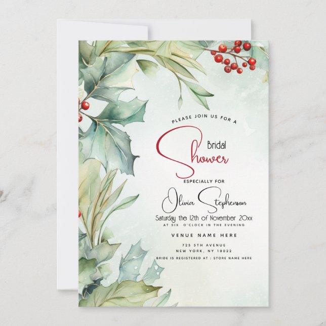 Winter Watercolor Winter Holly and Berries Invitation (Front)