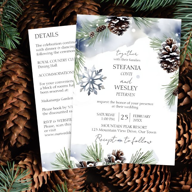 Winter wedding all in one snowy pines template (Winter wedding all in one editable template invitation digital download watercolor snowy pines grey)
