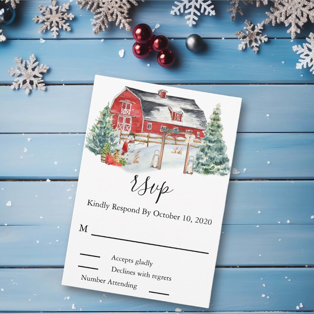 Winter Wedding Barn Christmas Snow Watercolor RSVP Card (Creator Uploaded)