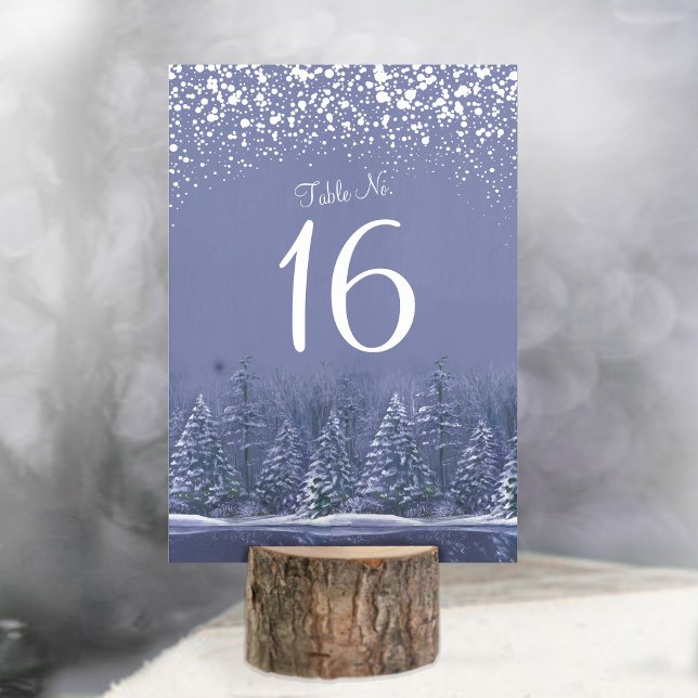 Winter wedding blue white pine trees table numbers (Creator Uploaded)