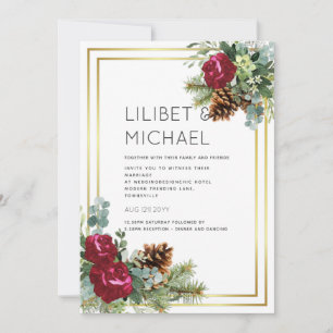 Winter Wedding Burgundy Roses Eucalyptus Invitation