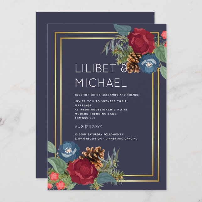 Winter Wedding Burgundy Teal Blue Modern Invitation (Front/Back)