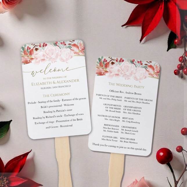 Winter Wedding Ceremony Program Gilded Floral Hand Fan (Creator Uploaded)