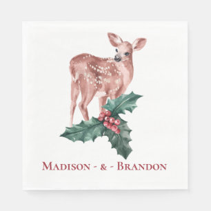 Winter Wedding Christmas Reindeer Floral Deer Red Napkin