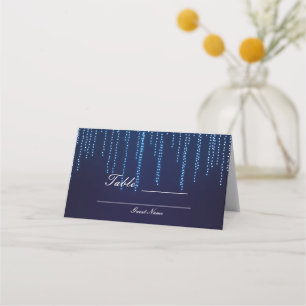 Winter Wedding Elegant Blue Sparkle String Lights Place Card
