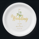 Winter Wedding Elegant Gold Script Mistletoe Paper Plate<br><div class="desc">Featuring pretty,  romantic mistletoe over chic gold wedding script,  this elegant paper plate can be personalised with your names and special winter wedding date. Designed by Thisisnotme©</div>