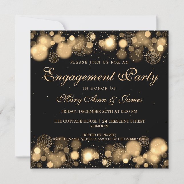 Winter Wedding Engagement Party Gold Lights Invitation (Front)