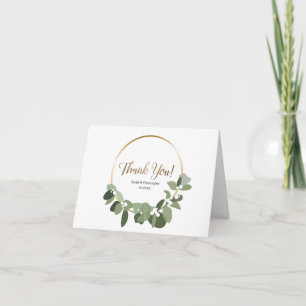 Winter wedding eucalyptus gold wreath simple thank you card