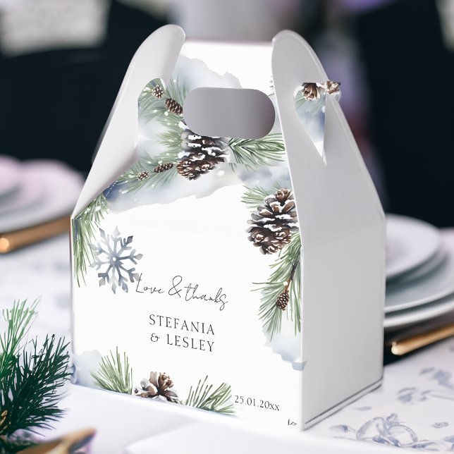 Winter wedding favours personalised  favour box (Winter wedding favors personalized favor box simple pines and pinecones muted colors favor box)