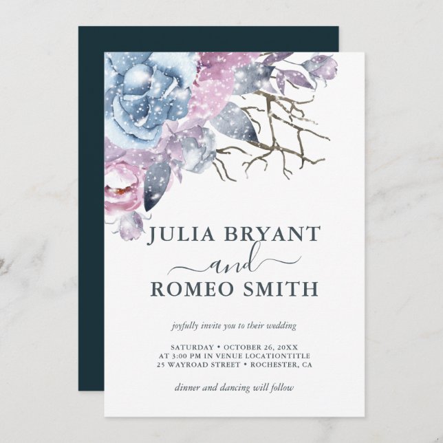 Winter Wedding Floral Snow Invitation (Front/Back)