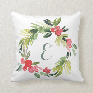 Winter Wedding Floral Watercolor Wreath   Monogram Cushion