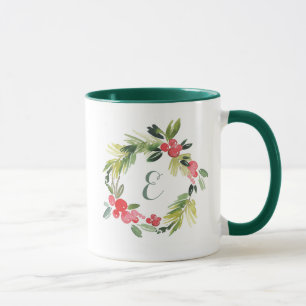 Winter Wedding Floral Watercolor Wreath Monogram Mug