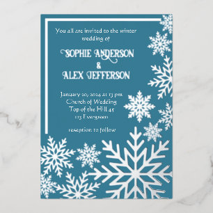 Winter wedding foil snowflakes on tealblue