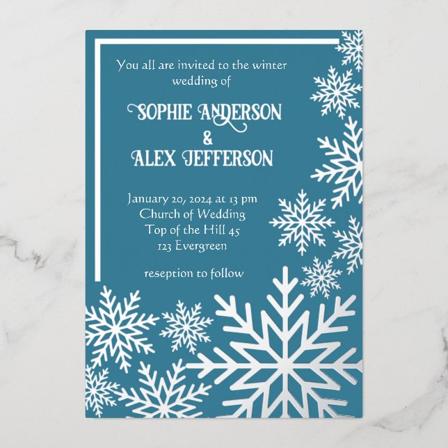 Winter wedding foil snowflakes on tealblue  (Front)