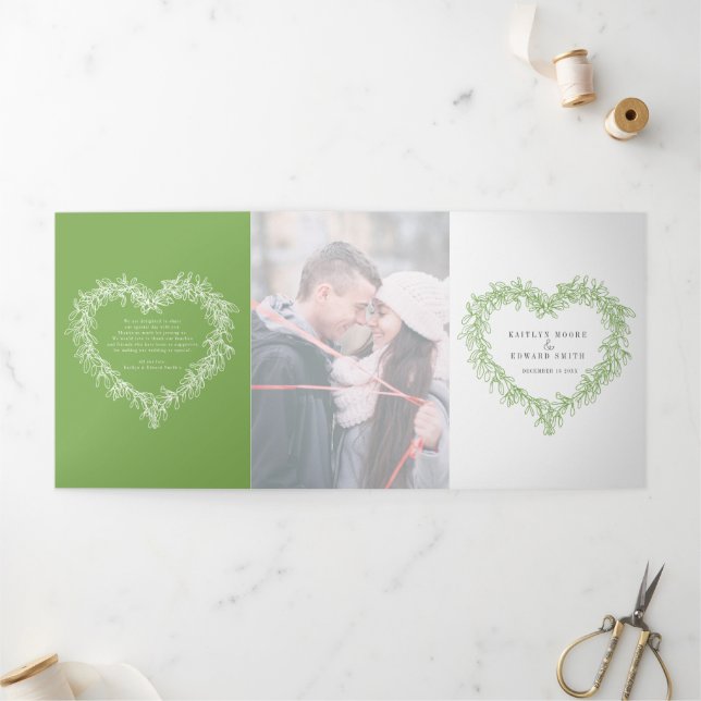 Winter wedding green mistletoe botanical marriage Tri-Fold programme (Outside)