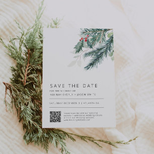 Winter Wedding Greenery QR Code Save The Date Invitation