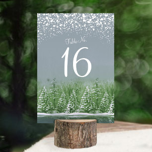 Winter wedding grey green pine trees table numbers