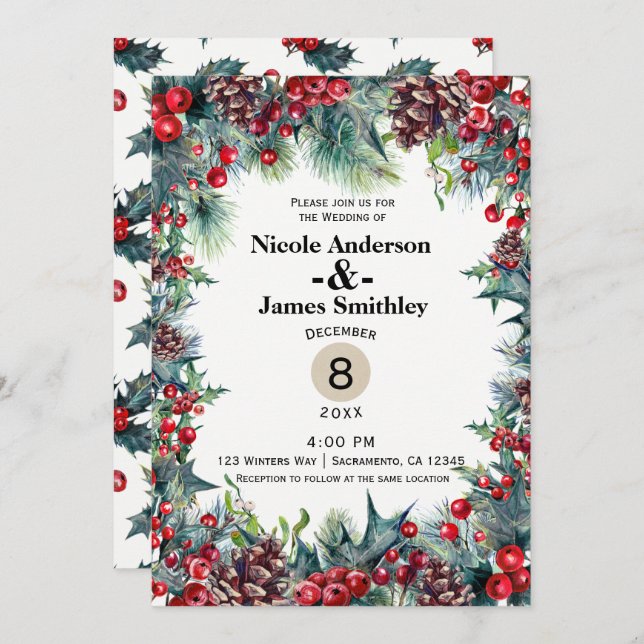 Winter Wedding Holiday Christmas Berries Pine Cone Invitation (Front/Back)