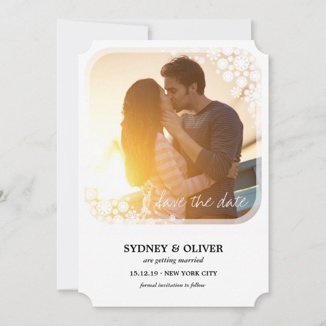 Winter Wedding Holiday Snowflakes Save The Date Invitation (Front)