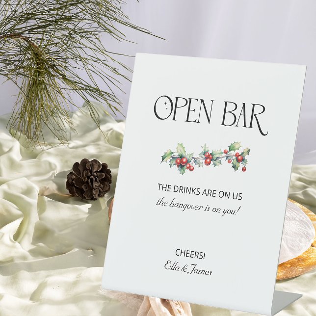 Winter Wedding Holly and Berries Open Bar Sign (Open Bar Sign from the Holly Bells Wedding Collection by Darling & May)