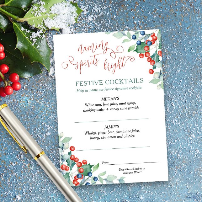Winter Wedding Holly Berries Signature Cocktails Enclosure Card (Naming Spirits Bright festive cocktails wedding or wedding shower game -Winter Berries Collection)