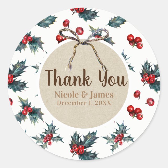 Winter Wedding Holly Berry Holiday Christmas Classic Round Sticker (Front)