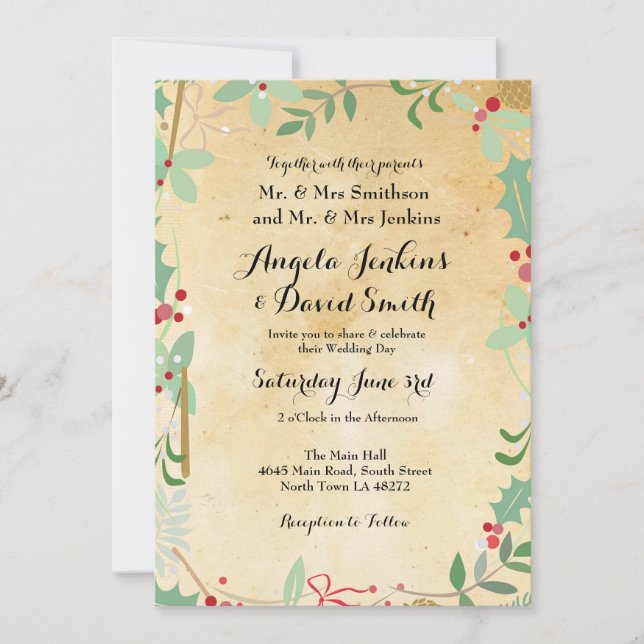 Winter Wedding Holly Paper Holiday Party Invite (Front)