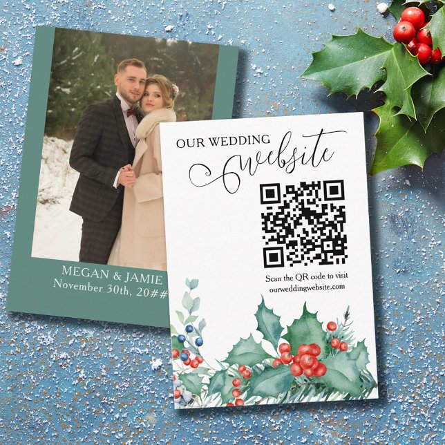 Winter Wedding Holly Pine Website QR Code Enclosure Card (Creator Uploaded)
