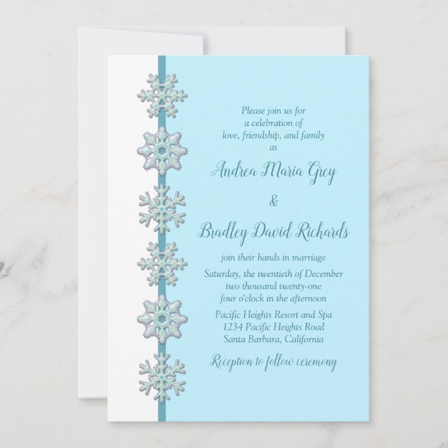 Winter Wedding Invitation | Blue Snowflake Buttons (Front)