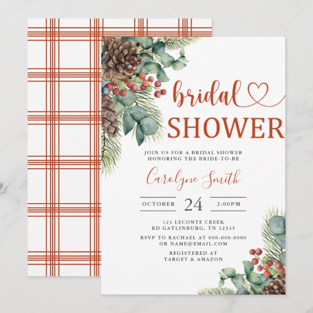 Winter Wedding Invitation, Christmas Bridal Shower Invitation (Front/Back)