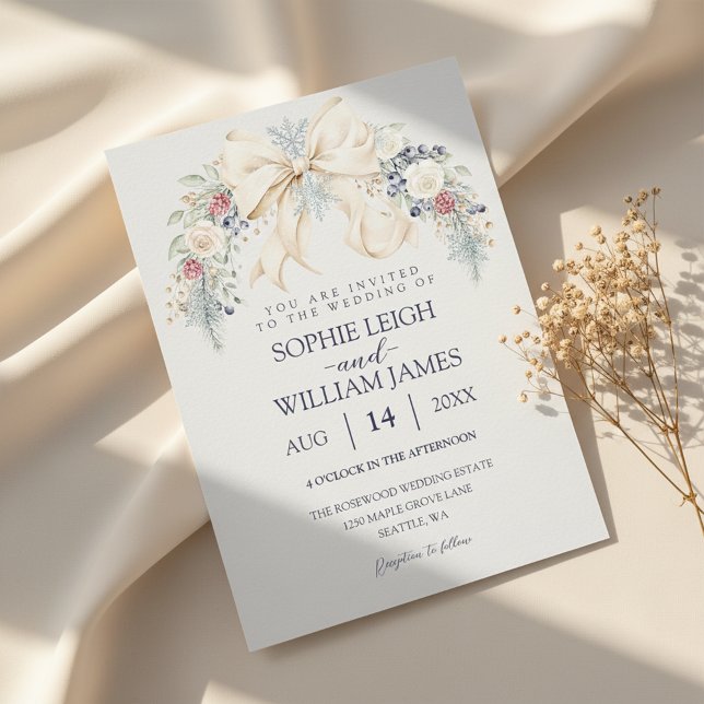 Winter Wedding Invitation with Cream Bow and Flora (luxury winter wedding invitation)