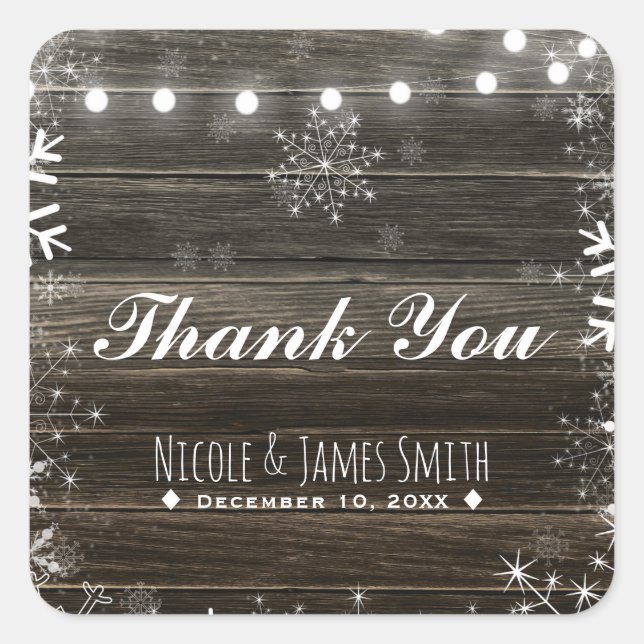 Winter Wedding Lights & Snowflakes Rustic Favour Square Sticker (Front)