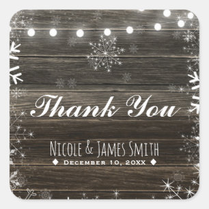 Winter Wedding Lights & Snowflakes Rustic Favour Square Sticker