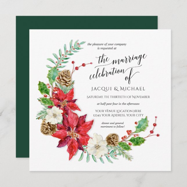 Winter Wedding Marriage Crescent Floral Wreath Invitation (Front/Back)
