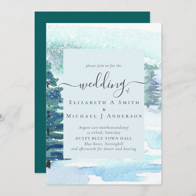 Winter Wedding Mountain Pine Trees Snow (Front/Back)