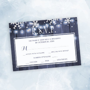 Winter wedding navy white snowflake RSVP card