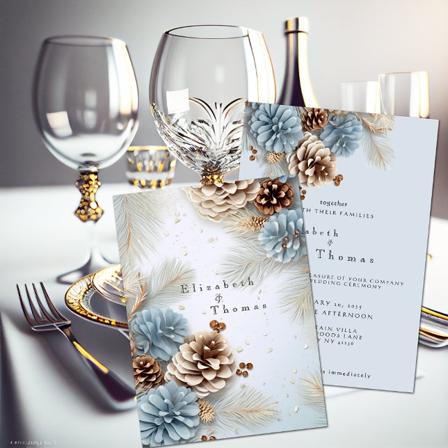 Winter Wedding Pine Cones Modern Blue Brown White  Invitation (Creator Uploaded)
