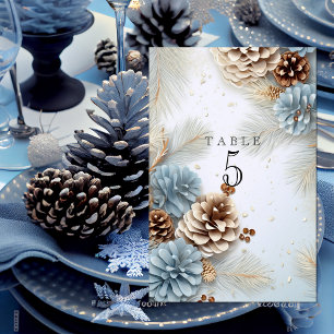 Winter Wedding Pine Cones Modern Blue Brown White Table Number