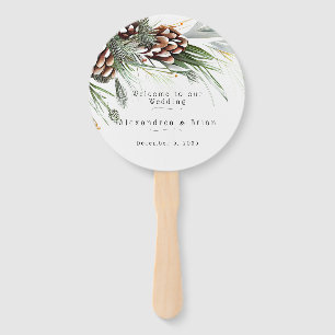 Winter Wedding Pine Cones Snow Pine Branches Hand Fan