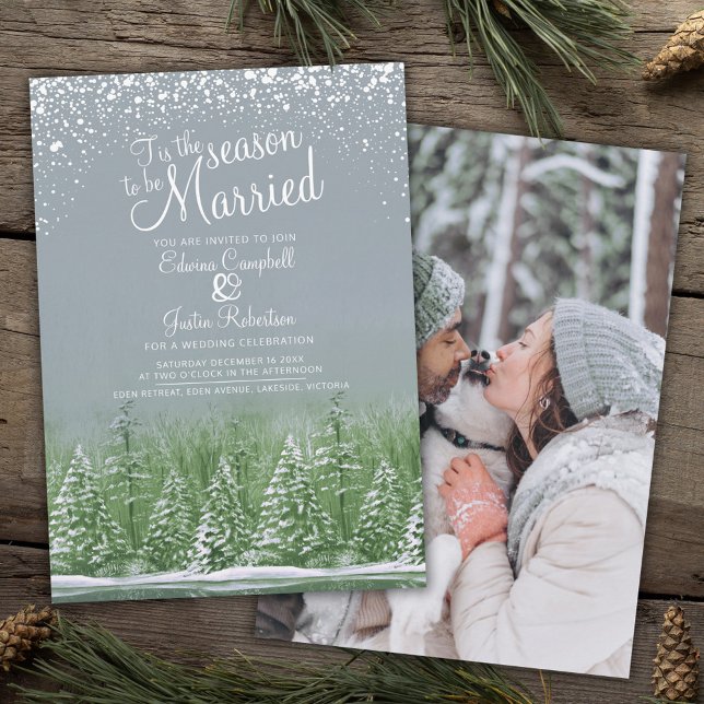 Winter wedding pine lake grey green art photo invitation (Creator Uploaded)