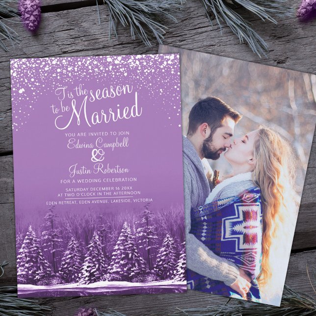 Winter wedding pine lake white purple art photo invitation (Creator Uploaded)