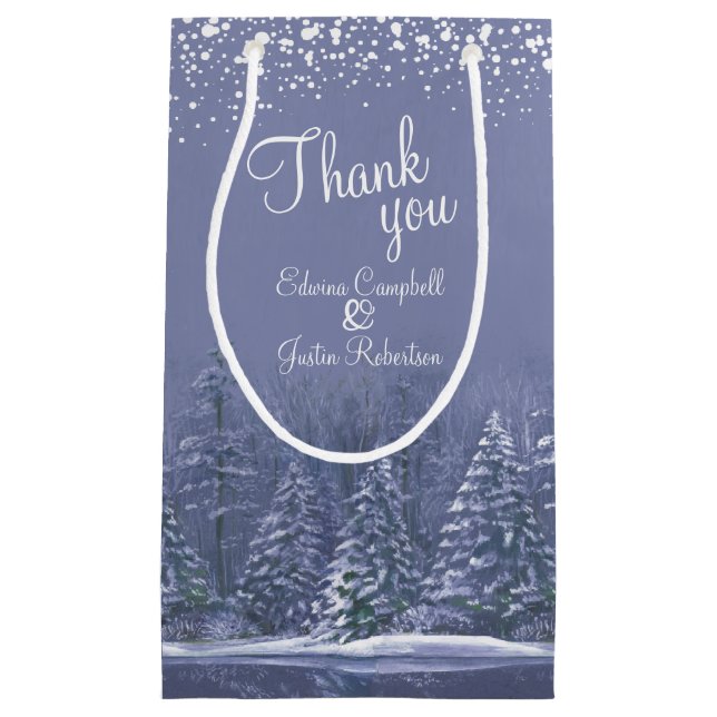 Winter wedding pine trees blue art thank you small gift bag (Front)