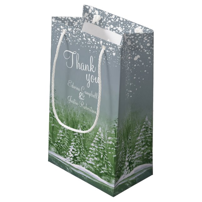 Winter wedding pine trees green grey art thank you small gift bag (Back Angled)