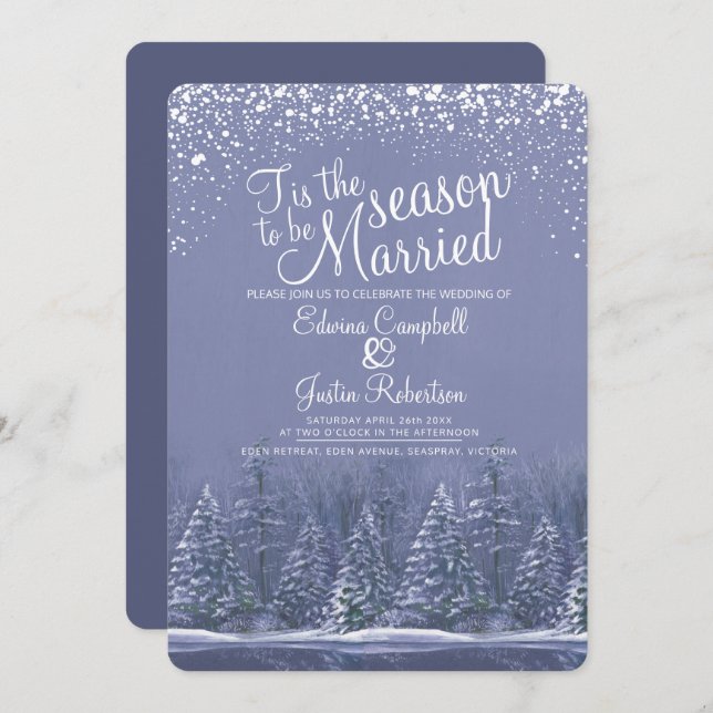 Winter wedding pine trees lake blue art invitation (Front/Back)