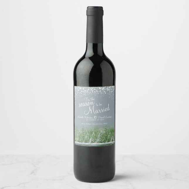 Winter wedding pine trees lake green grey art  wine label (Front)